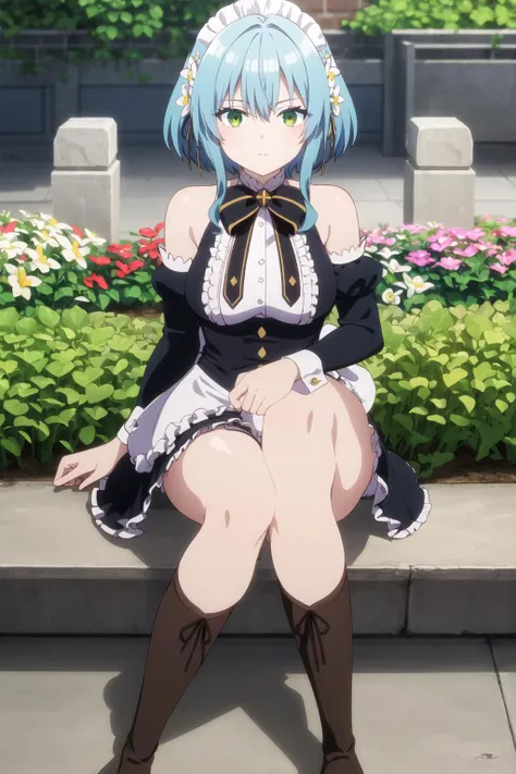 (masterpiece, best quality),villhaze,1girl,blue hair,short hair,bangs,green eyes,hair between eyes,hair ornament,maid headdress,hair flower,sidelocks,medium breasts,white shirt,frilled shirt,neck ribbon,bare shoulders,detached sleeves,puffy sleeves,long sleeves,black sleeves,maid,waist apron,black skirt,boots,knee boots,brown footwear,looking at viewer,garden,sitting leg focus,<lora:villhazev1:0.6>,