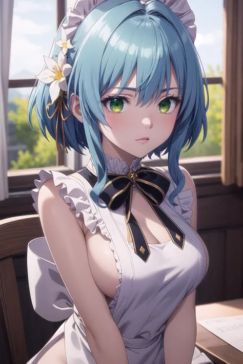 (masterpiece, best quality), villhaze, 1girl, blue hair, short hair, bangs, green eyes , hair between eyes, hair ornament, maid headdress, hair flower, sidelocks, medium breasts, neck ribbon, cleavage cutout, sideboob, naked apron, looking at viewer, dynamic pose, <lora:villhazev1:0.6>