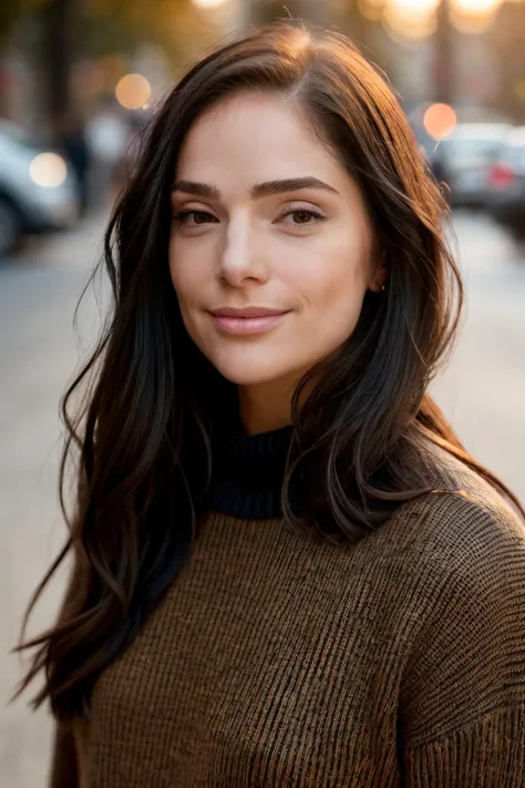 <lora:jnmt-03:1> ,a photo of jnmt, a woman,black long hair, frontal,close-up,8k,uhd,dslr,golden hour,black sweater,pants,in the street, bokeh,smirk