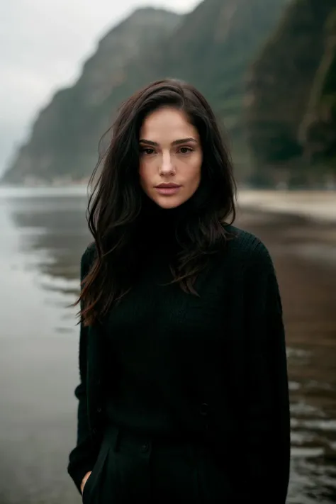 <lora:jnmt-03:1> ,a photo of jnmt, a woman,black long hair, frontal,close-up,8k,uhd,dslr,david fincher lighting style,black sweater,pants,bokeh,fashion magazine photoshoot,beach,gloomy