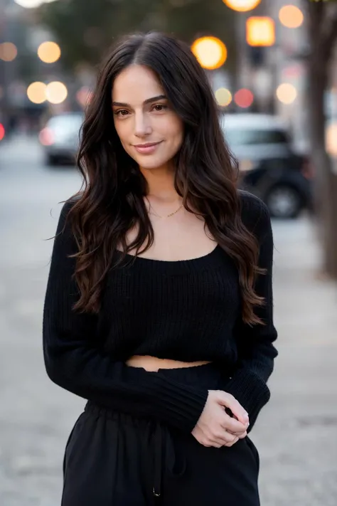<lora:jnmt-03:1> ,a photo of jnmt, a woman,black long  wavy hair, frontal,close-up,8k,uhd,dslr,golden hour,black sweater,pants,in the street, bokeh,smirk