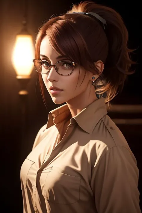 HangeAOT, <lora:HangeAOT:1>, (portrait:1.8),
(oversize shirt:1.5), classic loose shirt, long sleeve, trousers, belt, khaki shirt, (thin-rimmed glasses, oval glasses),
(brown eyes, brown red hair:1.4), (aquiline nose:1.5),
bangs,split long bangs, high tail, sloppy tail ,sloppy high tail, voluminous tail, (hairstyle high ponytail:1.4)
dark lighting, books on the background, wine bottle, lamp light, night,
small breasts, skinny girl,
((photorealistic:1.9)), beautiful breasts, small breasts, shoulder straps, best quality ,masterpiece, illustration, an extremely delicate and beautiful, extremely detailed ,CG ,unity ,8k wallpaper, Amazing, finely detail, masterpiece,best quality,official art,extremely detailed CG unity 8k wallpaper,absurdres, incredibly absurdres, huge filesize, ultra-detailed, highres, extremely detailed,beautiful detailed girl, extremely detailed eyes and face, beautiful detailed eyes,light on face,cinematic lighting, a gorgeous body, beauty, beautiful girl, perfect quality, best eyes, clear face, quality eyes, masterpiece, best quality, beautiful lighting, solo, RAW photo, 8k uhd, gorgeous quality, best quality, perfect quality, excellent picture, best face, high-quality face, detailed face, detailed body, detailed clothes, mega-fuzzy image