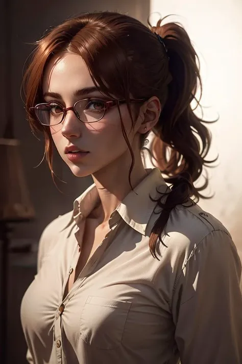 type lady gaga, aquiline nose
(oversize shirt:1.5), classic loose shirt, long sleeve, trousers, belt, khaki shirt, (thin-rimmed glasses, oval glasses),
(brown eyes, brown red hair:1.4),
bangs,split long bangs, high tail, sloppy tail ,sloppy high tail, voluminous tail, (hairstyle high ponytail:1.4)
dark lighting, books on the background, wine bottle, lamp light, night,
small breasts, skinny girl,