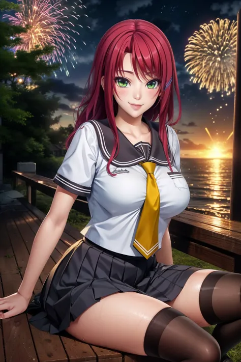 masterpiece, best quality, <lora:yukimura_touko-10:0.7>, yukimuratouko_hm, 1girl, solo, looking at viewer, long hair, breasts, smile, skirt, large breasts, school uniform, green eyes, short sleeves, red hair, pleated skirt, thighhighs, black thighhighs, yellow necktie, serafuku, hairclip, sitting, outdoors, sunset, scenery, clouds, fireworks, lights, <lora:LowRA:0.6>