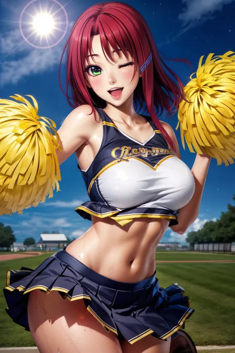 masterpiece, best quality, <lora:yukimura_touko-10:0.7>, yukimuratouko_hm, 1girl, solo, breasts, looking at viewer, blush, smile, open mouth, skirt, large breasts, navel, green eyes, red hair, pleated skirt, one eye closed, sky, shoes, day, socks, hairclip, midriff, cloud, armpits, ;d, lens flare, cheerleader, pom pom,  <lora:LowRA:0.6>