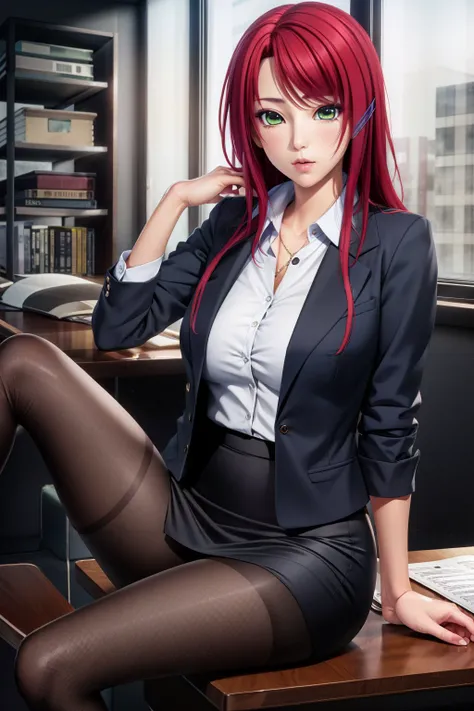 masterpiece, best quality, <lora:yukimura_touko-10:0.7>,yukimuratouko_hm, 1girl, solo, long hair, breasts, looking at viewer, skirt, green eyes, jacket, pantyhose, red hair, hair flower, hand on hip, formal, suit, pencil skirt, skirt suit, hairclip, sitting, legs crossed, office, window,   <lora:LowRA:0.6>