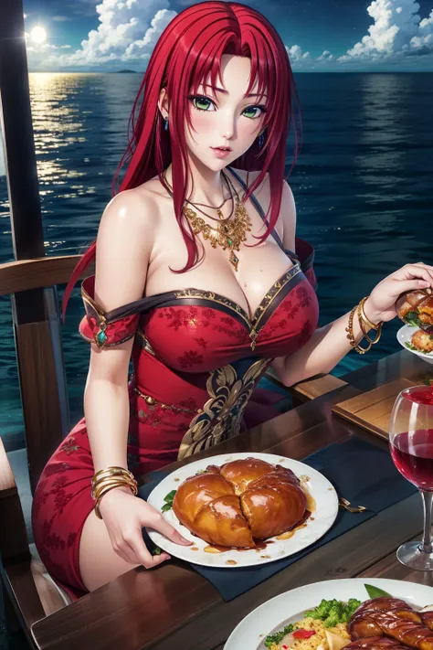 masterpiece, best quality, <lora:yukimura_touko-10:0.7>,yukimuratouko_hm, 1girl, long hair, breasts, large breasts, looking at viewer, green eyes, red hair, exotic dress, gold embroidery, intricate details, necklace, earring, jewelry, red hair, bracelet, sitting, table, food, dinner, lights, seascape, sky, clouds, pov, <lora:LowRA:0.6>
