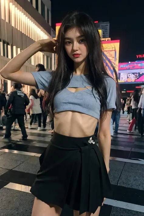Fujifilm XT3, 8k,close up photo, masterpiece, best quality, (((1girl))),solo,realistic, ((looking at viewer)), photorealistic, (extremely detailed face), looking at viewer, ultra-detailed eyes and pupils, ultra detailed, serious expression, slender figure, standing against a city skyline at night, business suits,shirts,Suit skirt, navel, (((abs))), <lora:daniellelorashy:1>