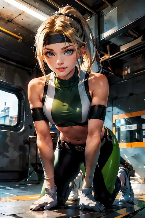 sonya, blonde hair, ponytail, earrings, headband, sports bra, midriff, green leggings, black gloves, jewelry,belt, white socks,white shoes, looking at viewer, serious,seductive smile,
on all fours, inside a underground train station, crowd, train, bright lighting, extreme detail, masterpiece, <lora:sonya:.8>