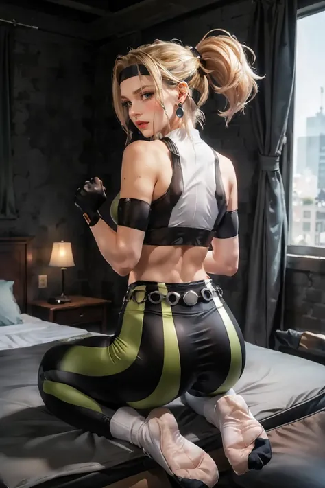 sonya, blonde hair, ponytail, earrings, headband, sports bra,midriff, gloves, belt, leggings,white socks, soles, looking back at viewer, serious, angry, blush,
sitting, on knees,wariza, from_behind, on large bed, bedroom, playful ambiance, , extreme detail, masterpiece, <lora:sonya:.8>