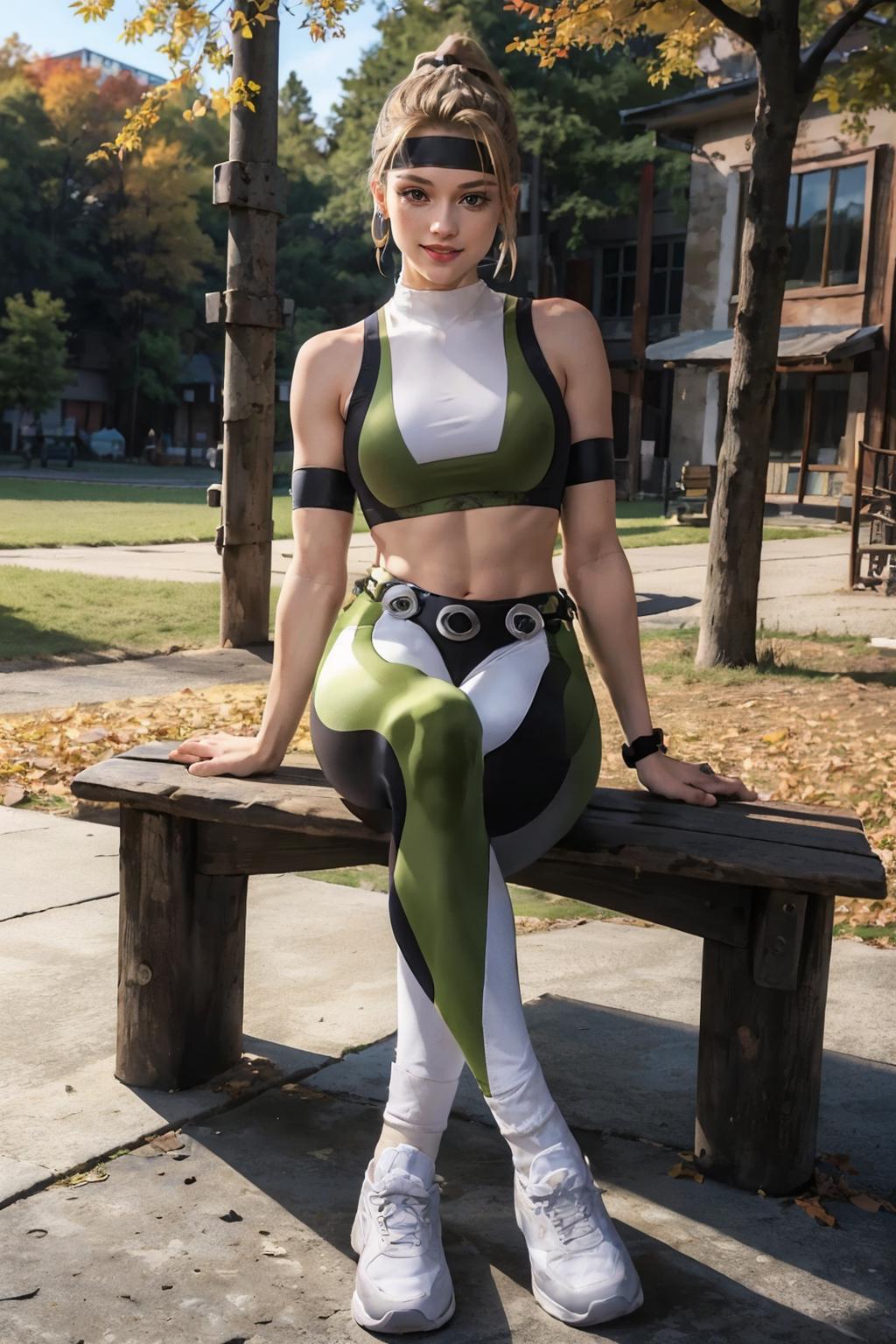Araffe woman in a green and white outfit sitting on a bench - SeaArt AI