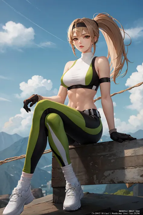 (masterpiece, top quality, best quality, official art, beautiful and aesthetic:1.2), (1girl:1.3), (fractal art:1.3), solo,
gloves, headband, pants, ponytail, green pants, black gloves, large breasts, long hair, sports bra, earrings, brown hair, midriff, jewelry, white socks,white footwear, rope, navel,white socks,toned,
looking at viewer,
sitting, crossed legs,
<lora:sonya:0.8>