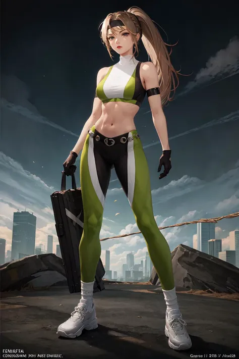 (masterpiece, top quality, best quality, official art, beautiful and aesthetic:1.2), (1girl:1.3), (fractal art:1.3), solo,
gloves, headband, pants, ponytail, green pants, black gloves, large breasts, long hair, sports bra, earrings, brown hair, midriff, jewelry, white socks,white footwear, rope, navel,white socks,toned,
looking at viewer,
<lora:sonya:0.8>