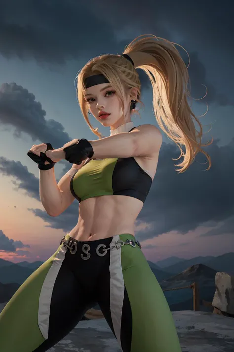 (masterpiece, top quality, best quality, official art, beautiful and aesthetic:1.2), (1girl:1.3), (fractal art:1.3), solo,
black headband, ponytail, long hair, green leggings, black gloves, blonde hair,white socks,white footwear,
large breasts,sports bra, earrings, midriff, navel,toned,
looking at viewer, upper body, fighting stance,
<lora:sonya:0.8>