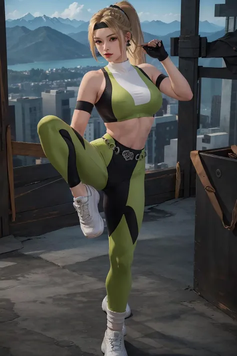 (masterpiece, top quality, best quality, official art, beautiful and aesthetic:1.2), (1girl:1.3), (fractal art:1.3), solo,
black headband, ponytail, long hair, green leggings, black gloves, blonde hair,white socks,white footwear,
large breasts,sports bra, earrings, midriff, navel,toned,
looking at viewer, kicking,
<lora:sonya:0.8>