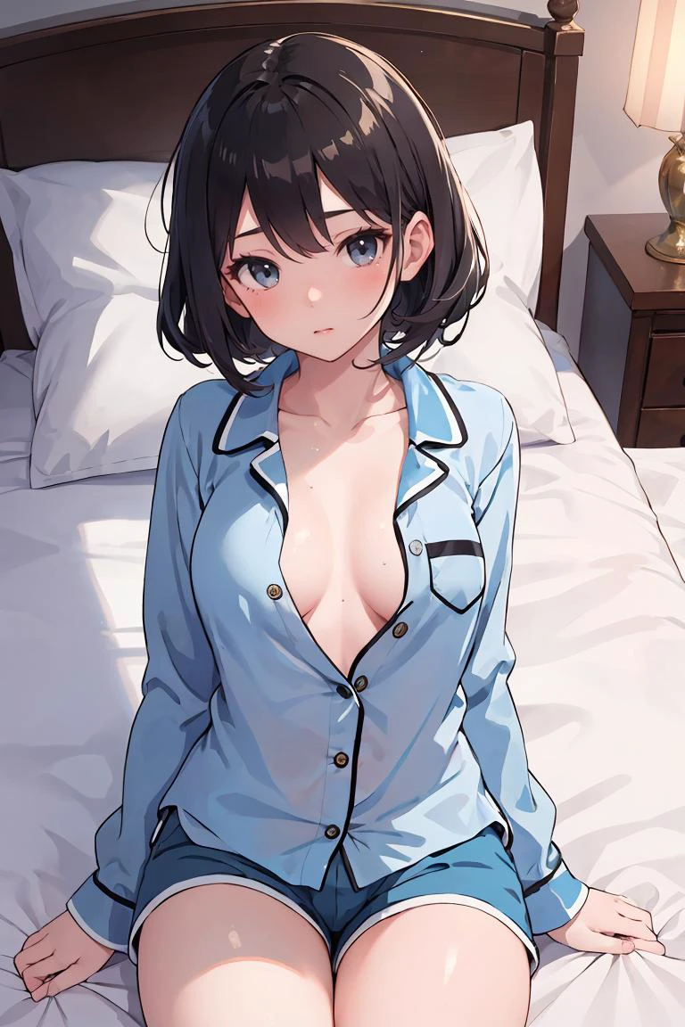 (masterpiece, best quality), 1girl, bed sheet, messy hair, unbuttoned shirt, unbuttoned shorts, blue pajamas, shiny skin,
