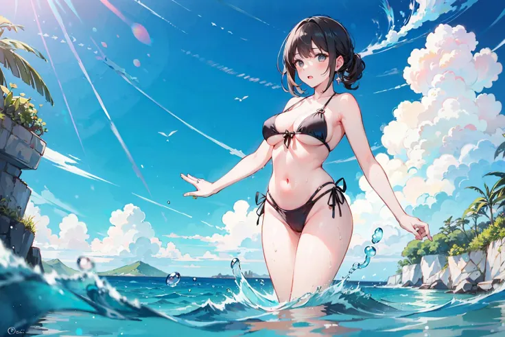 masterpiece, best quality,
1girl, forehead,  full body,  bikini, black hair, breasts, jewelry,ocean, solo,standing on liquid, swimsuit, wading, water,