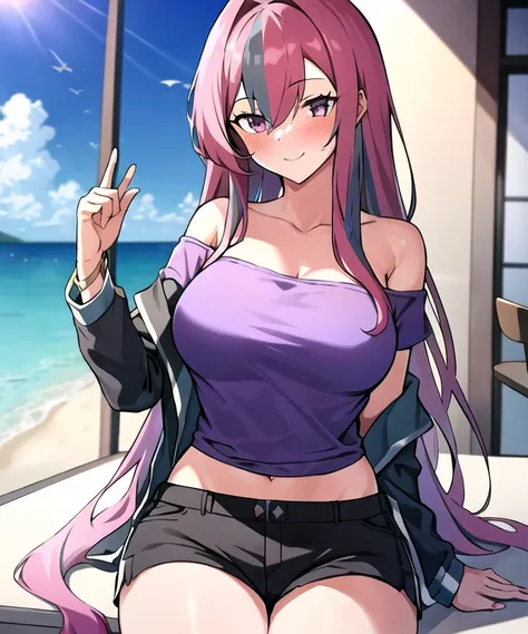 <lora:BremertonV2:0.8>, bremerton_\(azur_lane)\, 1girl,  off shoulder jacket, purple shirt black shorts, ,large breasts, long hair, hair down