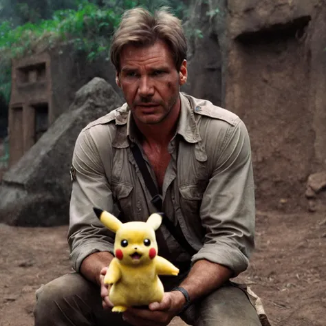 Indianajones Person holding a pikachu in the amazon <lora:Indiana Jones SDXL - Trigger is Indianajones Person:1>