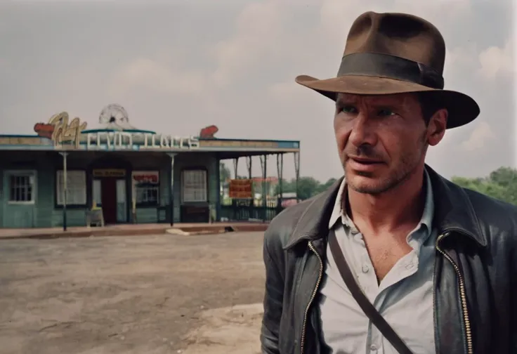 <lora:Indiana Jones SDXL -Trigger is Indianajones Person:1> Indianajones Person visiting an abandoned six flags in New Orleans. Sideshow, eerie moody, iconic hat, film grain movie scene.