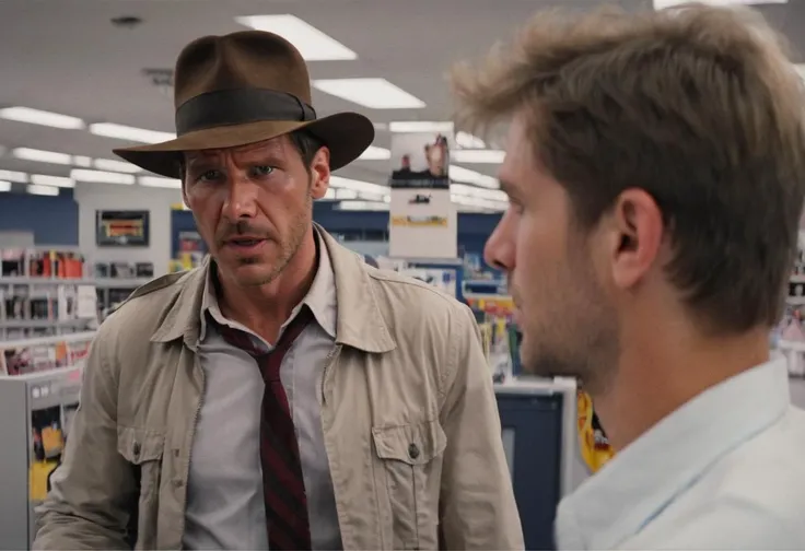 <lora:Indiana Jones SDXL -Trigger is Indianajones Person:1> Indianajones Person looking to buy a new stereo system at Best Buy. Whip. Hat. Explosion ARtstyle <lora:Explosion Artstyle - Trigger is Explosion Artstyle:1>