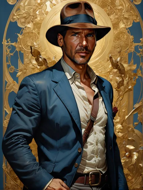 Indianajones Person in style of Sveta Dorosheva and Hsiao Ron,hyperrealistic,award,surrealism,dark art by James Jean,alphonse mucha,Gold,Chalk Blue,Freesia,Bubonic Brown,White Acorn und Adobe,<lora:xl_more_art-full_v1:0.5>,<lora:Indiana Jones SDXL -Trigger is Indianajones Person:0.8>