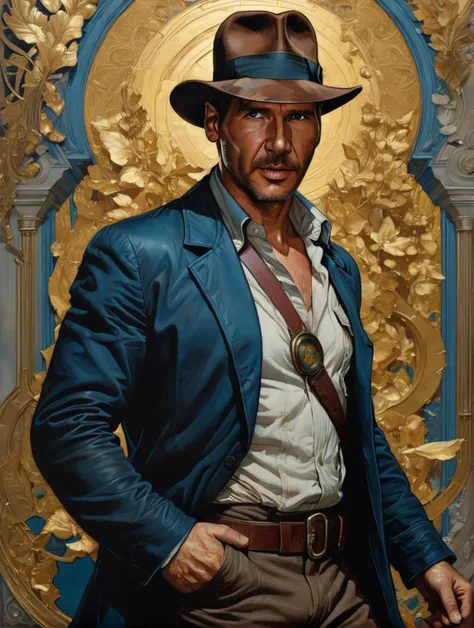 Indianajones Person in style of Sveta Dorosheva and Hsiao Ron,hyperrealistic,award,surrealism,dark art by James Jean,alphonse mucha,Gold,Chalk Blue,Freesia,Bubonic Brown,White Acorn und Adobe,<lora:xl_more_art-full_v1:0.5>,<lora:Indiana Jones SDXL -Trigger is Indianajones Person:0.8>