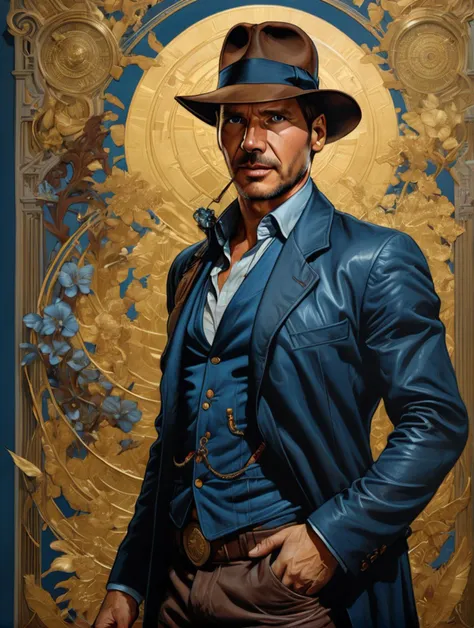 Indianajones Person in style of Sveta Dorosheva and Hsiao Ron,hyperrealistic,award,surrealism,dark art by James Jean,alphonse mucha,Gold,Chalk Blue,Freesia,Bubonic Brown,White Acorn und Adobe,<lora:xl_more_art-full_v1:0.5>,<lora:Indiana Jones SDXL -Trigger is Indianajones Person:0.8>