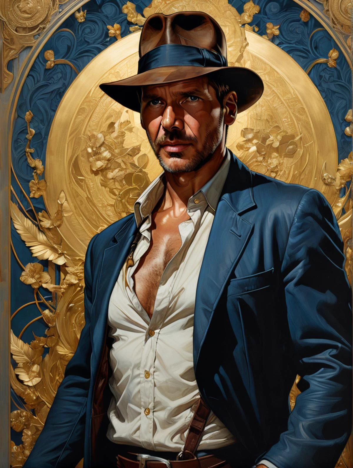 Indianajones Person in style of Sveta Dorosheva and Hsiao Ron,hyperrealistic,award,surrealism,dark art by James Jean,alphonse mucha,Gold,Chalk Blue,Freesia,Bubonic Brown,White Acorn und Adobe,<lora:xl_more_art-full_v1:0.5>,<lora:Indiana Jones SDXL -Trigger is Indianajones Person:0.8>