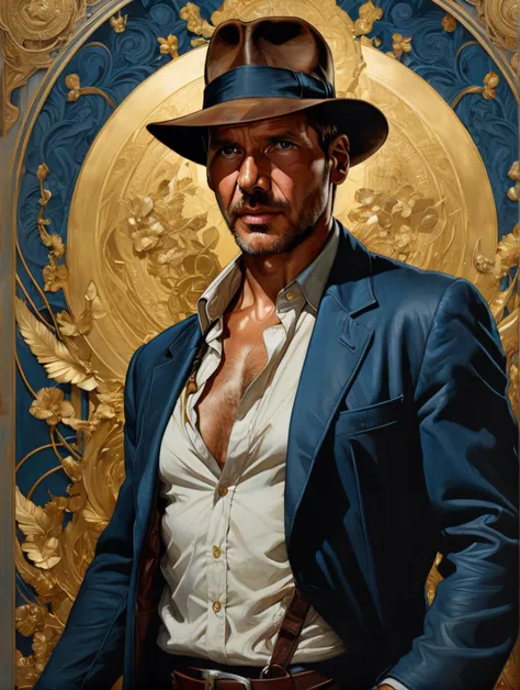 Indianajones Person in style of Sveta Dorosheva and Hsiao Ron,hyperrealistic,award,surrealism,dark art by James Jean,alphonse mucha,Gold,Chalk Blue,Freesia,Bubonic Brown,White Acorn und Adobe,<lora:xl_more_art-full_v1:0.5>,<lora:Indiana Jones SDXL -Trigger is Indianajones Person:0.8>