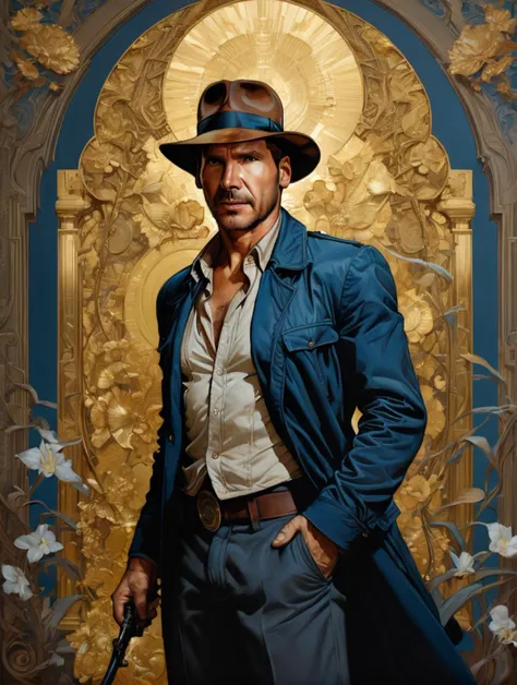 Indianajones Person in style of Sveta Dorosheva and Hsiao Ron,hyperrealistic,award,surrealism,dark art by James Jean,alphonse mucha,Gold,Chalk Blue,Freesia,Bubonic Brown,White Acorn und Adobe,<lora:xl_more_art-full_v1:0.5>,<lora:Indiana Jones SDXL -Trigger is Indianajones Person:0.8>