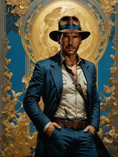Indianajones Person in style of Sveta Dorosheva and Hsiao Ron,hyperrealistic,award,surrealism,dark art by James Jean,alphonse mucha,Gold,Chalk Blue,Freesia,Bubonic Brown,White Acorn und Adobe,<lora:xl_more_art-full_v1:0.5>,<lora:Indiana Jones SDXL -Trigger is Indianajones Person:0.8>