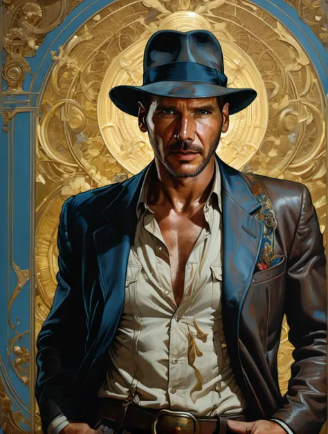 Indianajones Person in style of Sveta Dorosheva and Hsiao Ron,hyperrealistic,award,surrealism,dark art by James Jean,alphonse mucha,Gold,Chalk Blue,Freesia,Bubonic Brown,White Acorn und Adobe,<lora:xl_more_art-full_v1:0.5>,<lora:Indiana Jones SDXL -Trigger is Indianajones Person:0.8>