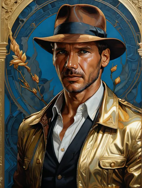 Indianajones Person in style of Sveta Dorosheva and Hsiao Ron,hyperrealistic,award,surrealism,dark art by James Jean,alphonse mucha,Gold,Chalk Blue,Freesia,Bubonic Brown,White Acorn und Adobe,<lora:xl_more_art-full_v1:0.5>,<lora:Indiana Jones SDXL -Trigger is Indianajones Person:0.8>