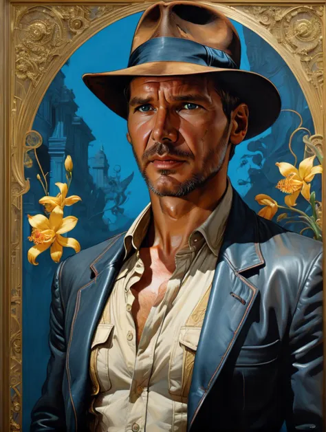 Indianajones Person in style of Sveta Dorosheva and Hsiao Ron,hyperrealistic,award,surrealism,dark art by James Jean,alphonse mucha,Gold,Chalk Blue,Freesia,Bubonic Brown,White Acorn und Adobe,<lora:xl_more_art-full_v1:0.5>,<lora:Indiana Jones SDXL -Trigger is Indianajones Person:0.8>, I