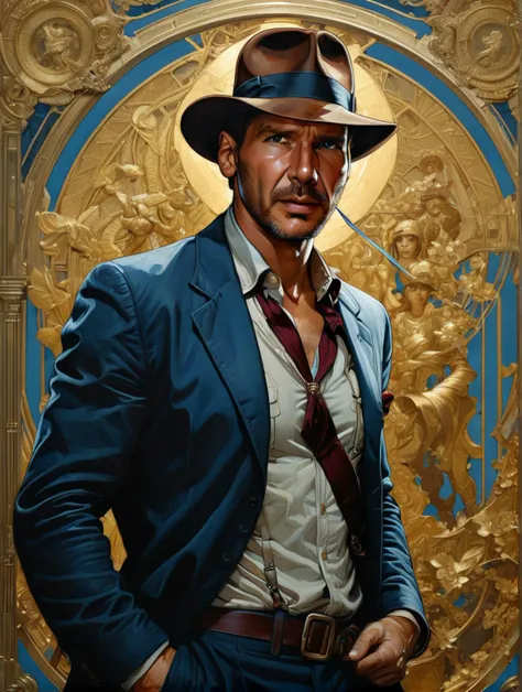 Indianajones Person in style of Sveta Dorosheva and Hsiao Ron,hyperrealistic,award,surrealism,dark art by James Jean,alphonse mucha,Gold,Chalk Blue,Freesia,Bubonic Brown,White Acorn und Adobe,<lora:xl_more_art-full_v1:0.5>,<lora:Indiana Jones SDXL -Trigger is Indianajones Person:0.8>