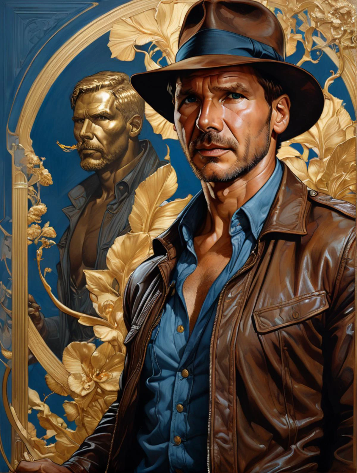 Indianajones Person in style of Sveta Dorosheva and Hsiao Ron,hyperrealistic,award,surrealism,dark art by James Jean,alphonse mucha,Gold,Chalk Blue,Freesia,Bubonic Brown,White Acorn und Adobe,<lora:xl_more_art-full_v1:0.5>,<lora:Indiana Jones SDXL -Trigger is Indianajones Person:0.8>