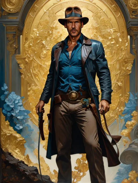 Indianajones Person in style of Sveta Dorosheva and Hsiao Ron,hyperrealistic,award,surrealism,dark art by James Jean,alphonse mucha,Gold,Chalk Blue,Freesia,Bubonic Brown,White Acorn und Adobe,<lora:xl_more_art-full_v1:0.5>,<lora:Indiana Jones SDXL -Trigger is Indianajones Person:0.8>