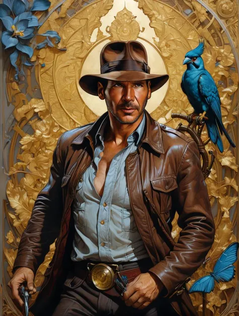 Indianajones Person in style of Sveta Dorosheva and Hsiao Ron,hyperrealistic,award,surrealism,dark art by James Jean,alphonse mucha,Gold,Chalk Blue,Freesia,Bubonic Brown,White Acorn und Adobe,<lora:xl_more_art-full_v1:0.5>,<lora:Indiana Jones SDXL -Trigger is Indianajones Person:0.8>