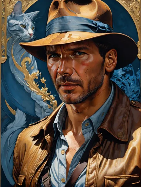 Indianajones Person in style of Sveta Dorosheva and Hsiao Ron,hyperrealistic,award,surrealism,dark art by James Jean,alphonse mucha,Gold,Chalk Blue,Freesia,Bubonic Brown,White Acorn und Adobe,<lora:xl_more_art-full_v1:0.5>,<lora:Indiana Jones SDXL -Trigger is Indianajones Person:0.8>