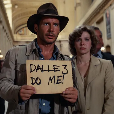 Indianajones Person is in the middle of Grand Central Station, holding a sign that says, "DALLE 3" <lora:Indiana Jones SDXL -Trigger is Indianajones Person:1>