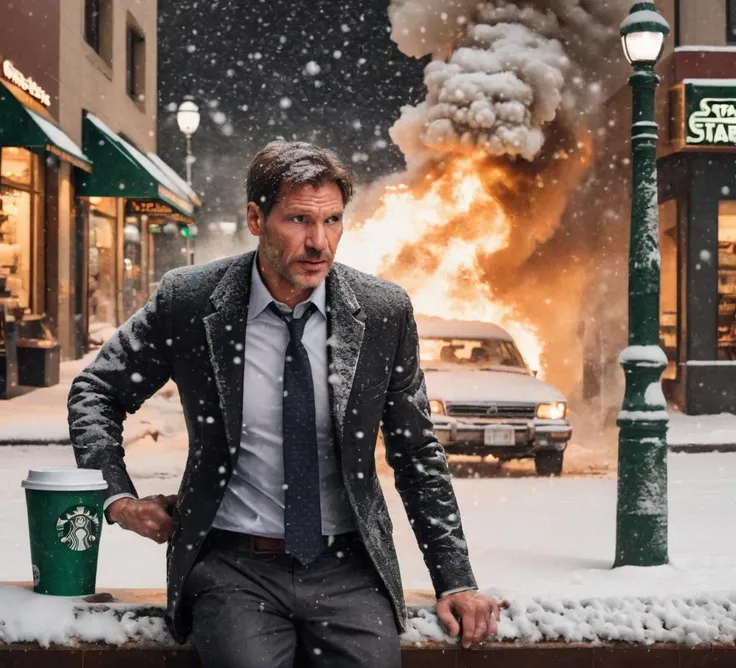 Indyjones Person drinking a very big coffee at Starbucks in Los Angeles. (Snowing.:1.9) <lora:Explosion Artstyle - Trigger is Explosion Artstyle:.5> a nearby car explodes, explosion artstyle. <lora:Indiana Jones SDXL -Trigger is Indianajones Person:1>