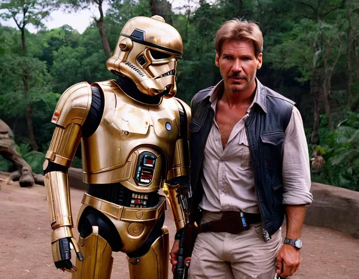 Indianajones Person holding a sign up at the Bronx Zoo that says, "DALLE3 likes this C3P0" <lora:Indiana Jones SDXL -Trigger is Indianajones Person:1> (Iconic hat), Star Wars, Droid's Day Out, Droids having a day of fun and adventure at an intergalactic amusement park, Star Wars Droids, R2-D2, C-3PO. C1-10P, Chopper, BB-8, K-2SO, D-O, Darth Vader, Storm troopers, BB8