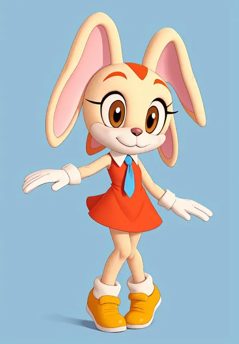 <lora:Cream_the_Rabbitv2:0.8>, Cream_the_Rabbit, 1girl, solo, looking at viewer, smile, simple background, closed mouth, standing, full body, blue background, leg up, happy, standing on one leg, heel up