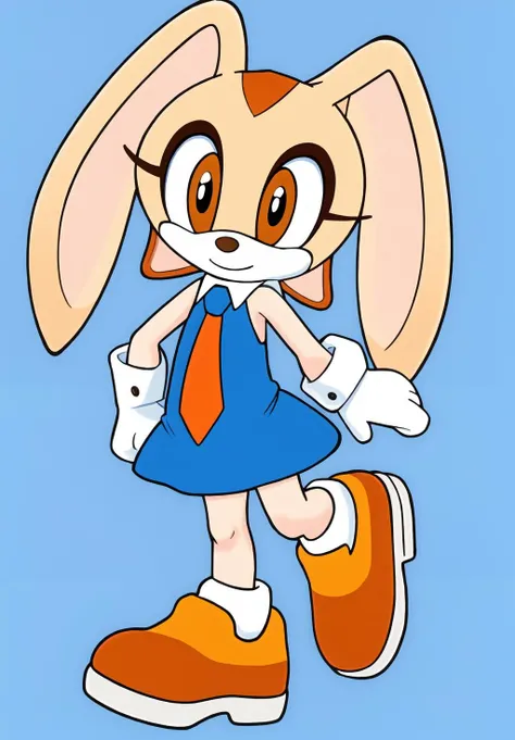 <lora:Cream_the_Rabbit:0.8>, Cream_the_Rabbit, 1girl, solo, looking at viewer, smile, simple background, dress, bare shoulders, closed mouth, standing, full body, necktie, sleeveless, sleeveless dress, blue background, short dress, leg up, red dress, happy, standing on one leg, blue necktie, furry female, collared dress, orange dress, heel up