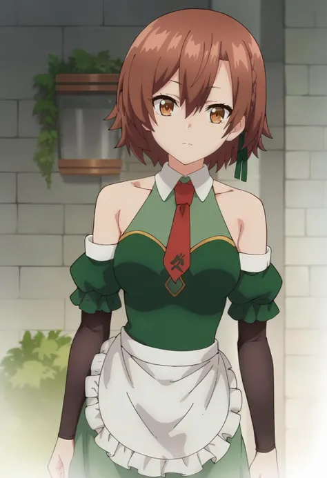 lola metrose, brown_hair, short_hair, 1girl, brown_eyes, solo, hair_between_eyes, ,    , bare_shoulders, necktie, detached_sleeves, green_dress, white_apron, looking at viewer, cowboy shot   <lora:Lola Metrose-000016:0.9>, score_9, score_8_up, score_7_up, , anime coloring ,BREAK source_anime, anime