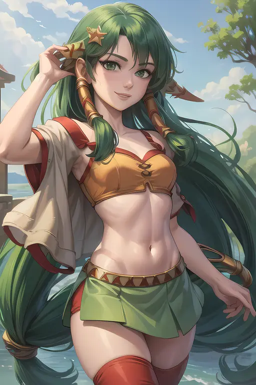 feenagrandia, masterpiece, best quality, 1girl, green hair, green eyes, hair tubes, hair ornaments, low-tied long hair, crop top, midriff, jewelry, red thighhighs, brown skirt, smile <lora:Feena:0.5>