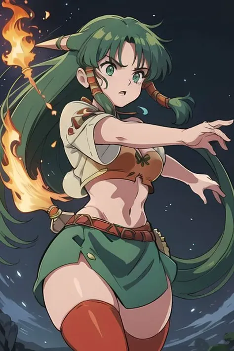 feenagrandia, masterpiece, best quality, 1girl, green hair, green eyes, hair tubes, low-tied long hair, crop top, midriff, jewelry, red thighhighs, brown skirt, determined, casting spell, magic, fire magic, fighting stance <lora:Feena:0.6>
