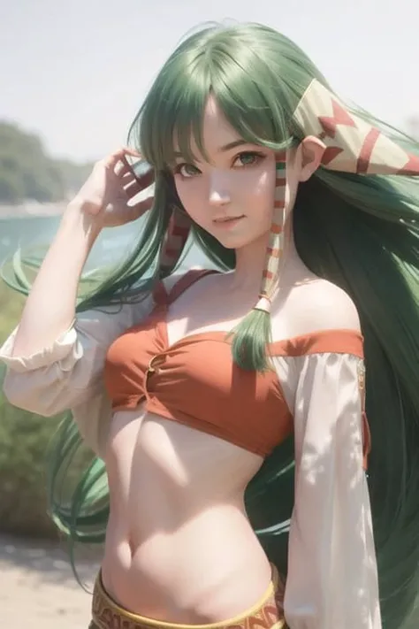 feenagrandia, masterpiece, best quality, 1girl, green hair, green eyes, hair tubes, low-tied long hair, smiling, crop top, <lora:Feena:0.7>