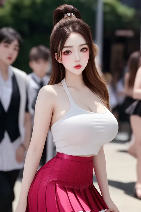 masterpiece, best quality, 8k, flawless, detailed background, soft lighting,
((1girl, solo)), [[ulzzang-6500-v1.1]], upper body, looking at viewer, blush, hime cut, (glossy lips, large breasts), solo focus,
high heels, thighhighs, pleated skirt, tank top, 
<lora:AG-tina:0.7>,